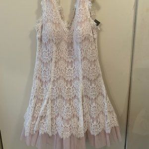 Betsy & Adam Pink and Cream Lace Dress Layered NEW